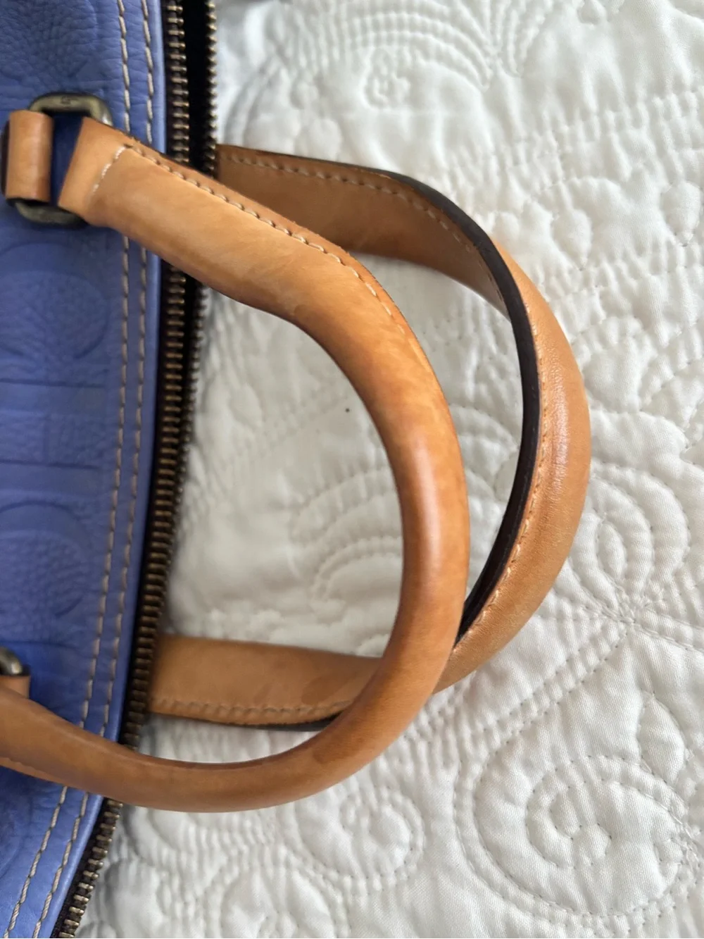 Carolina Herrera Purple/Blue Embossed Leather Satchel with Tan Handles